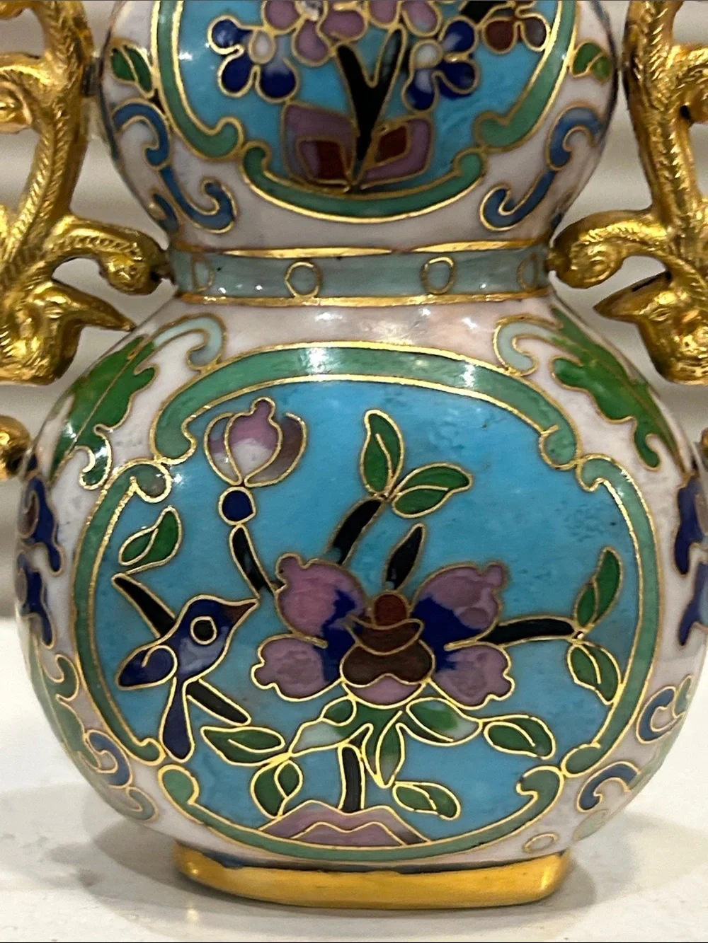 Decorative Turquoise Cloisonné Gourd Vase with Gold Accents